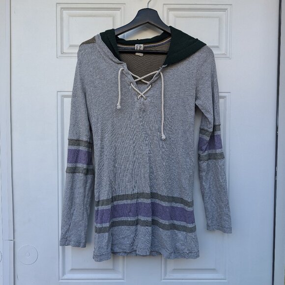 Free People Y2K Vintage Football Jersey Long Sleeve Hooded Tee Women's Medium - Picture 1 of 6